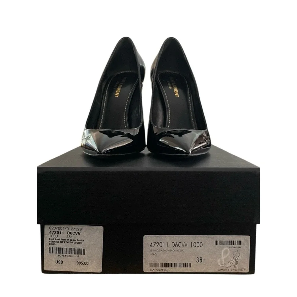 Saint Laurent Women's Black Nero Black Point Toe Vernice‎ Lucido Heels Size 38.5